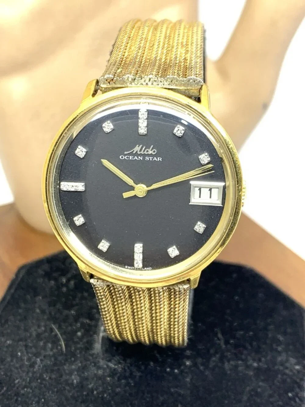Mido Ocean Star Men's Watch Vintage Swiss Manual Diamond Black Dial Gold 34mm